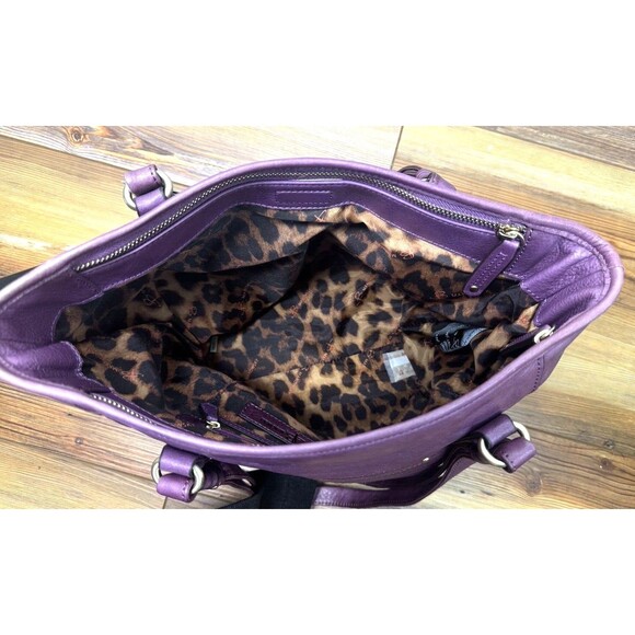 NWT B. Makowsky Purple Leather Hobo Shoulder Bag Silver Hardware Leopard Lining - Picture 10 of 15